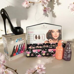 Royale Platinum Ceramic Floral Flat Iron-Cinderella Shoe Holder-Shampoo/Cond Set